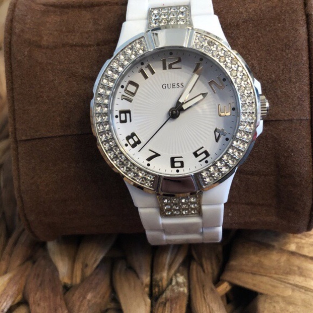 White GUESS watch with diamond accents